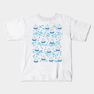 Blue Ship Voyage in the Sea Pattern Kids T-Shirt